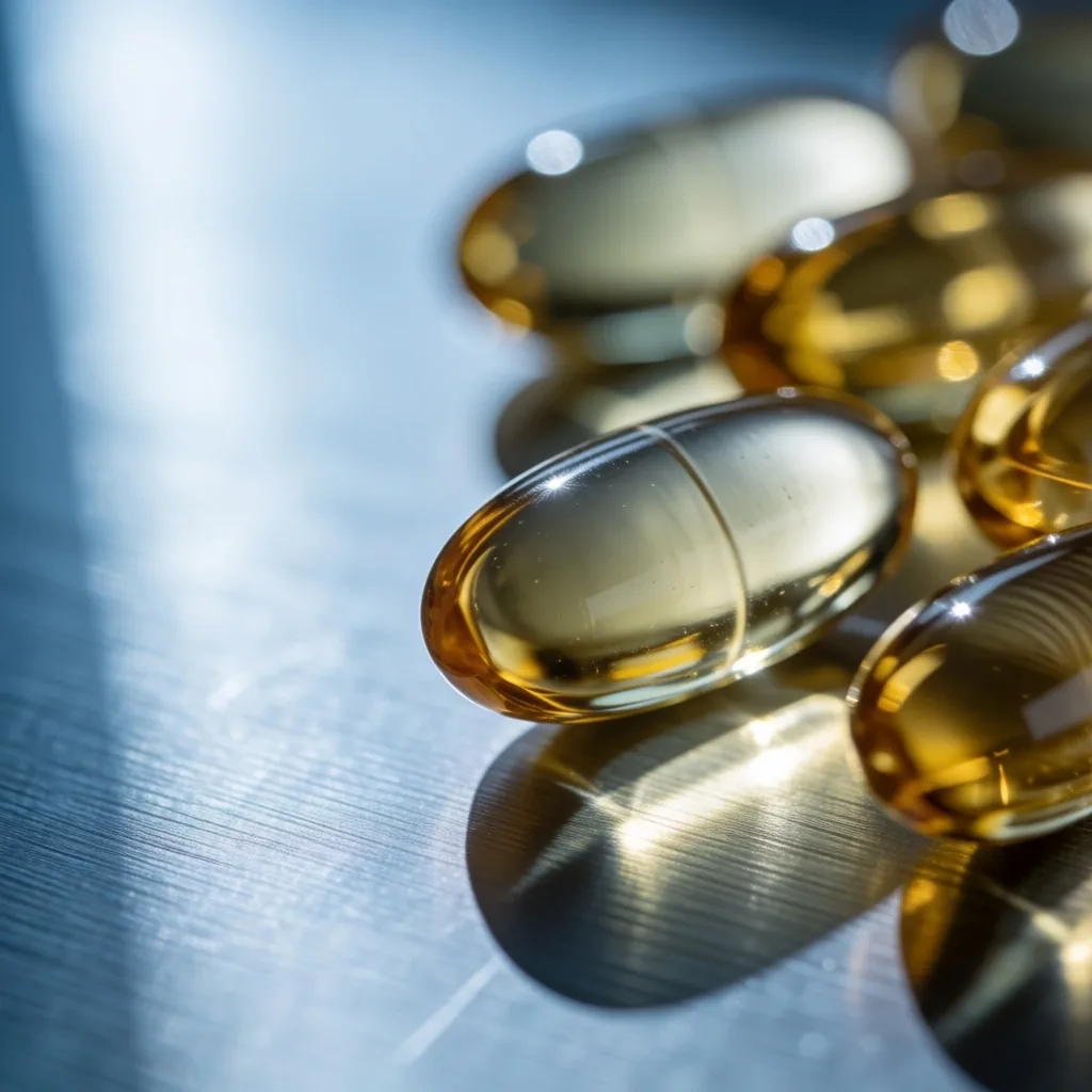 Vitamin capsules on a sterile laboratory surface under clinical morning light