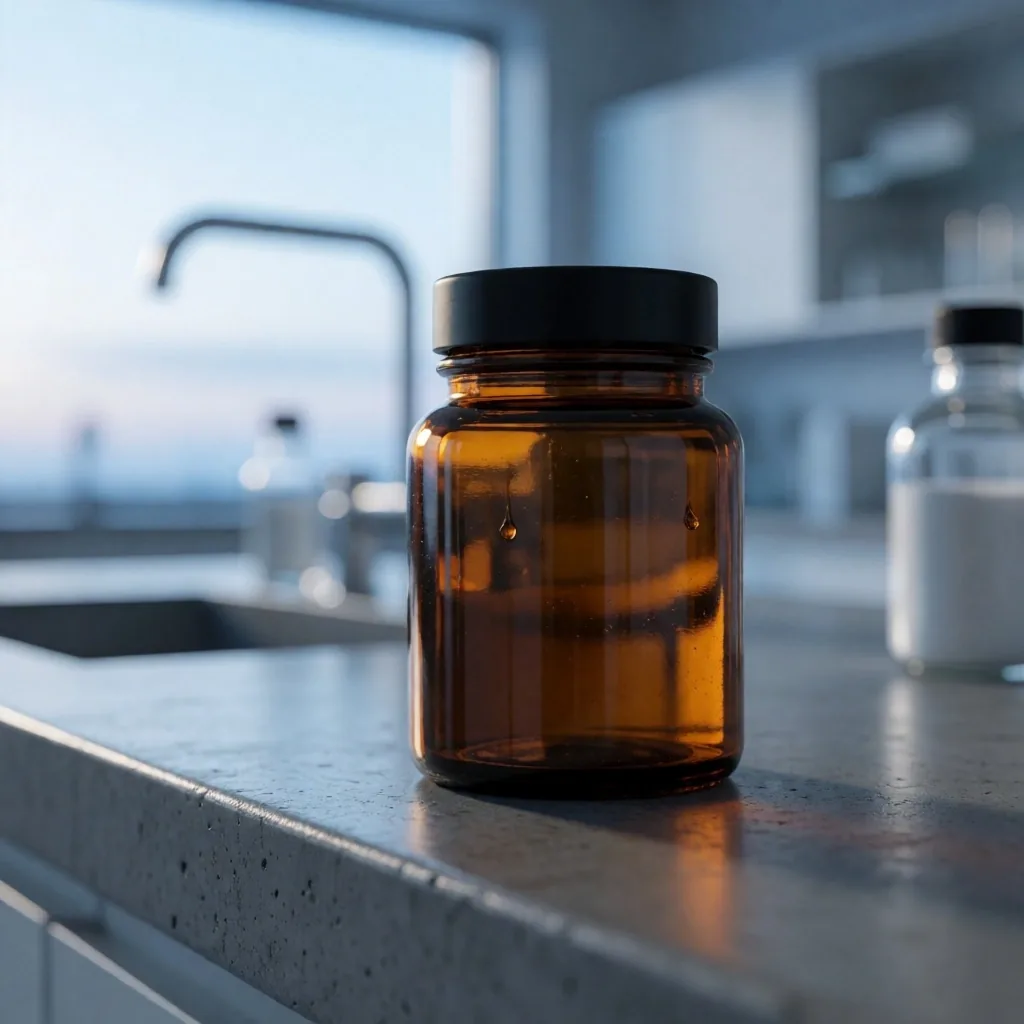 Amber glass supplement bottle in a sterile London laboratory at dawn