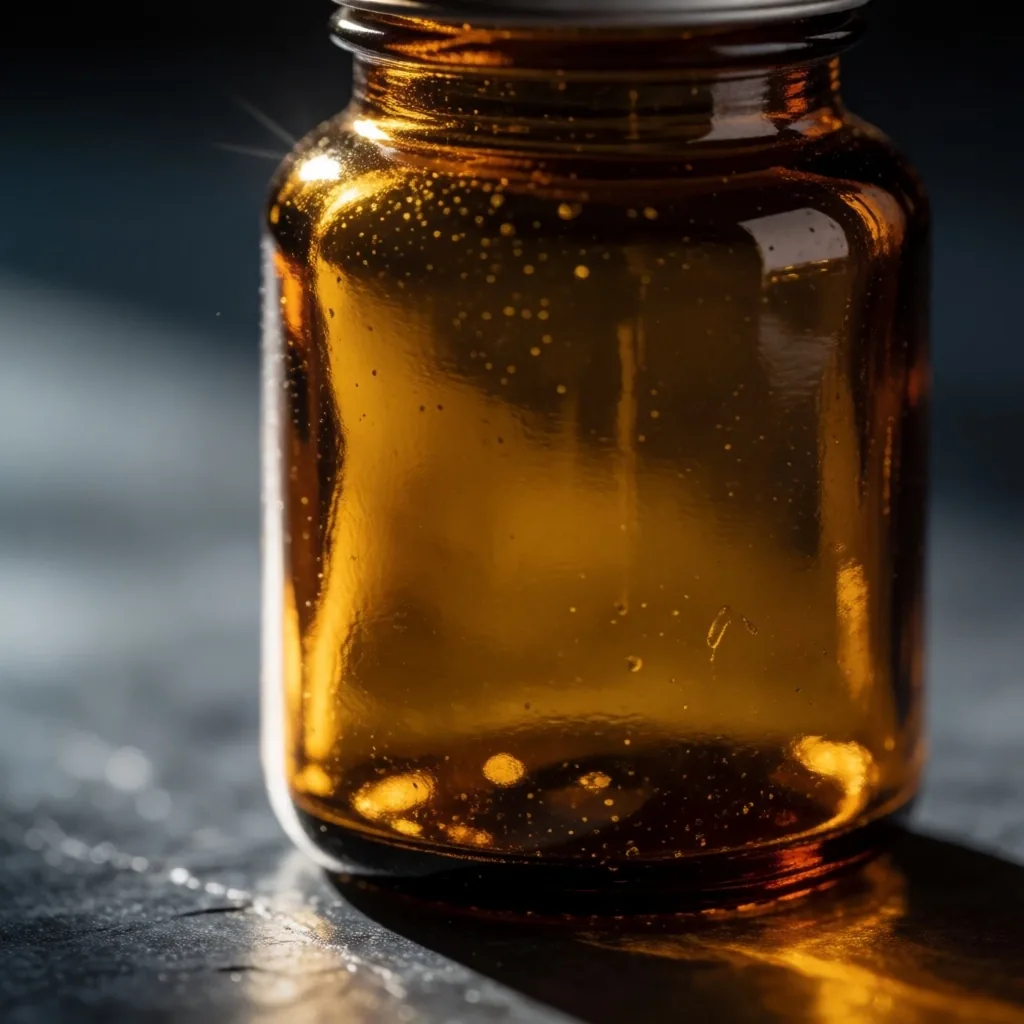 Sunlight illuminating a glass supplement bottle