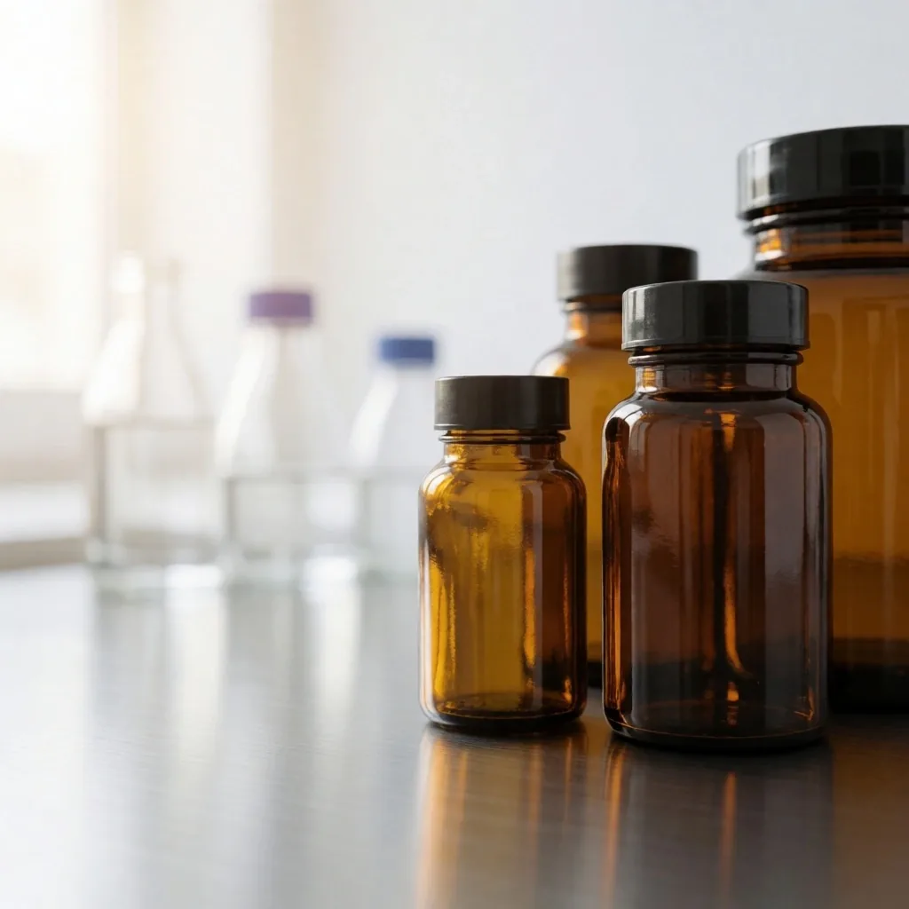Vitamin bottles on laboratory surface