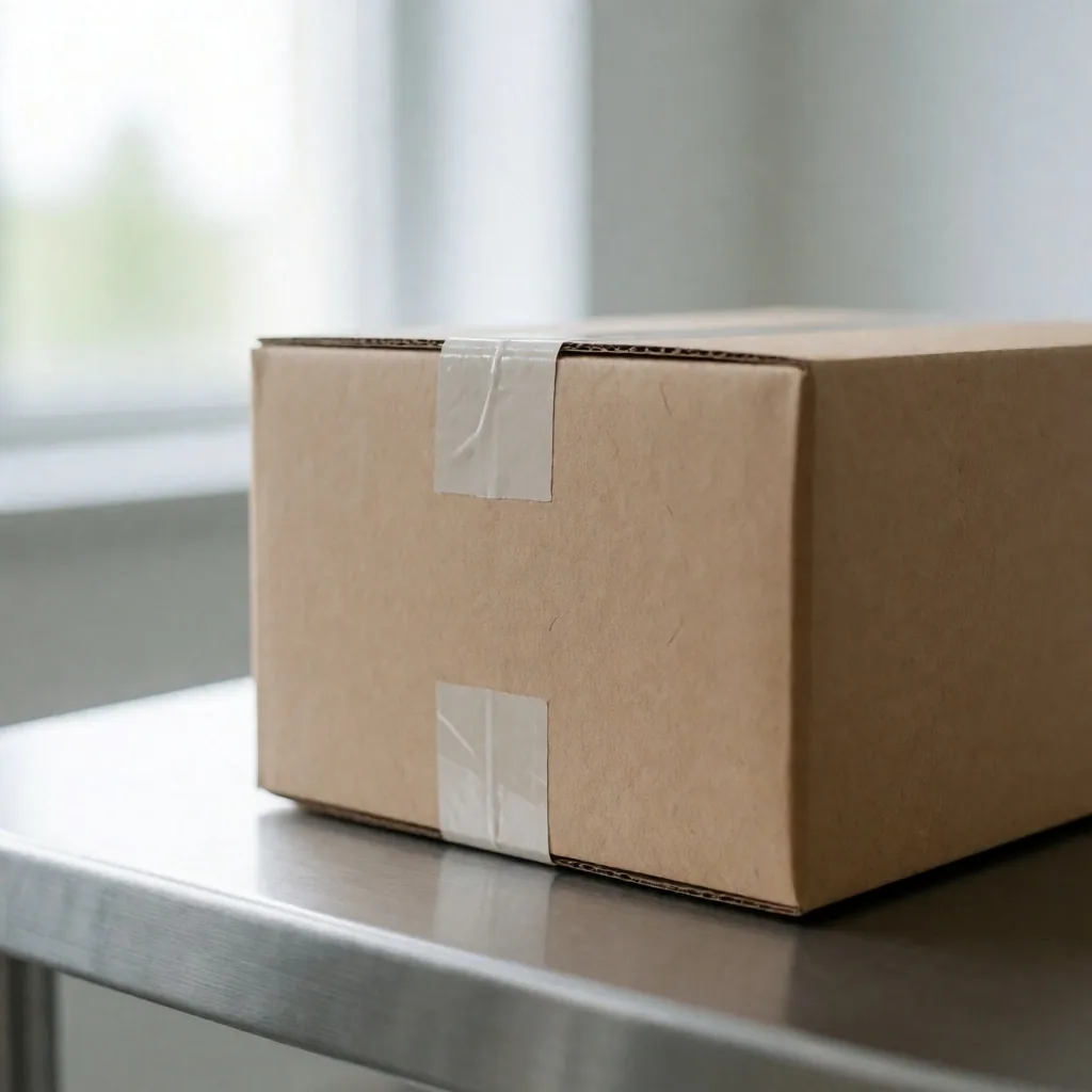 Sealed recyclable parcel on a warehouse bench