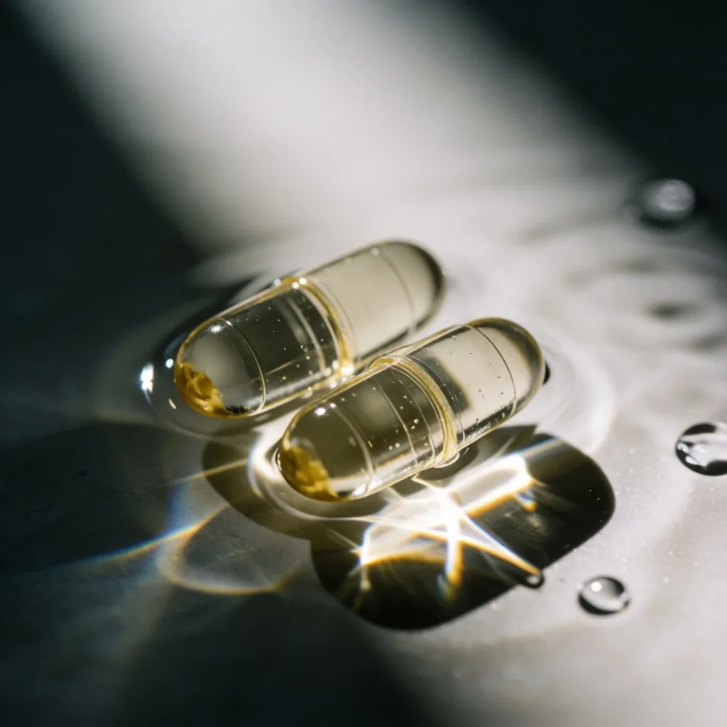 Plant-based supplement capsules in water