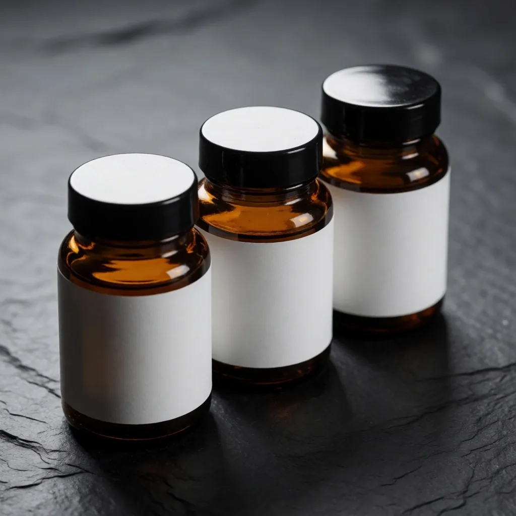 A row of amber glass supplement bottles on a dark surface